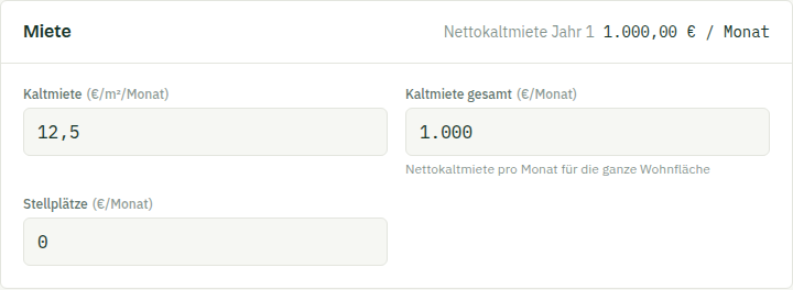 Miet-Eingabe mit zwei gekoppelten Feldern: „Kaltmiete" in €/m²/Monat und „Kaltmiete gesamt" in €/Monat.