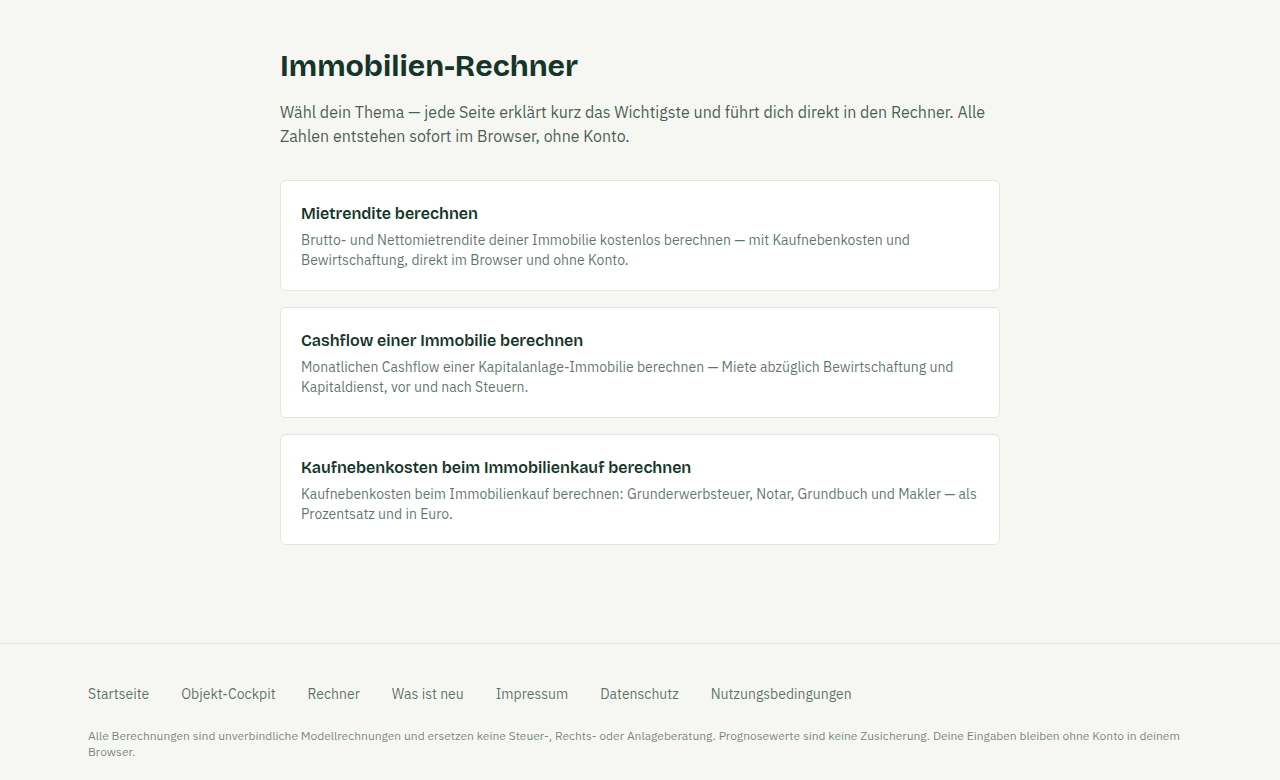 Übersichtsseite „Rechner-Themen" mit Karten zu Mietrendite, Cashflow und Kaufnebenkosten.
