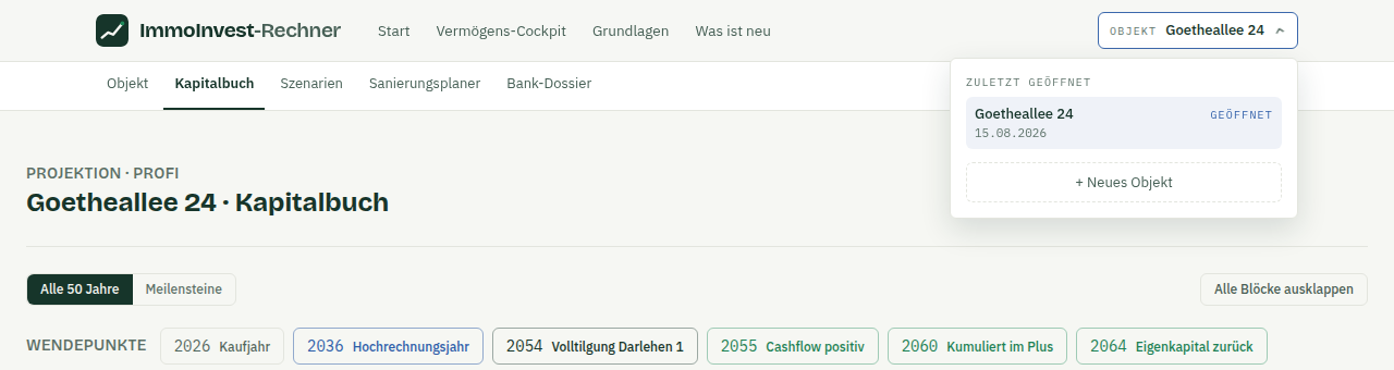Seitenkopf mit zwei Streifen: oben Marke, Start, Vermögens-Cockpit, Grundlagen und „Was ist neu" sowie der Objekt-Umschalter mit geöffnetem Panel, darunter der Reiterstreifen Objekt, Kapitalbuch, Szenarien, Sanierungsplaner und Bank-Dossier mit dem Kapitalbuch als aktivem Bereich.